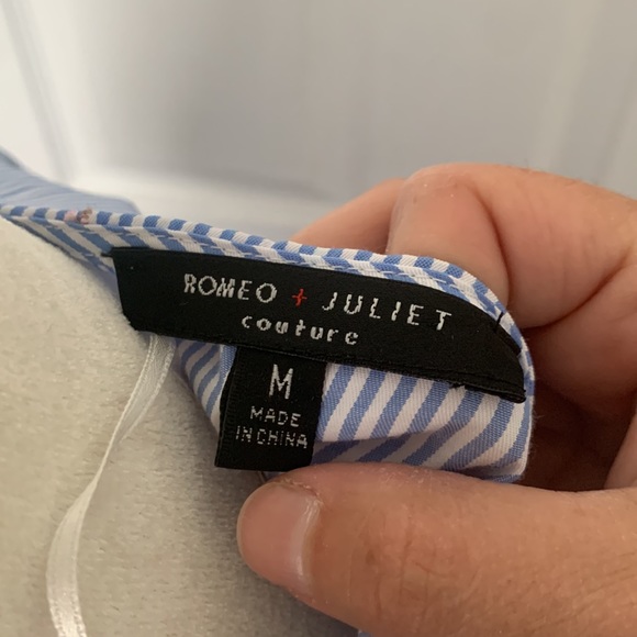 Blue and white striped Flamingo embroidered print wrap dress with ruffle bottom - Picture 9 of 12